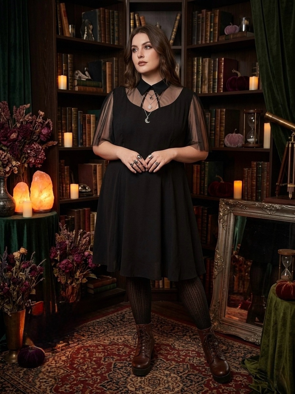 Boutique Whimsigoth Black Mesh Illusion Collar Skater Dress 3XL
